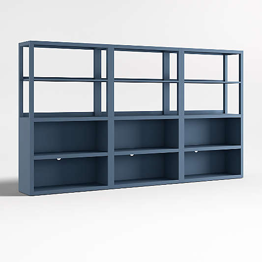 Ever Simple Set of 3 Modular Slate Blue Wood Kids Open Bookcases with Hutches