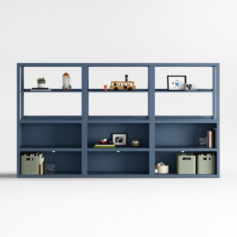 Ever Simple Set of Modular Slate Blue Wood Kids Open Bookcases with Hutches
