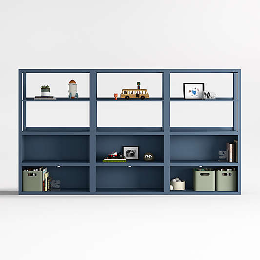 Ever Simple Set of 3 Modular Slate Blue Wood Kids Open Bookcases with Hutches