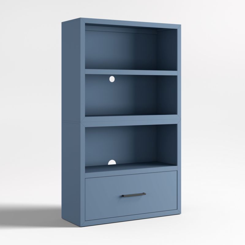 Ever Simple Modular Slate Blue Wood Kids Open Bookcase with Drawer