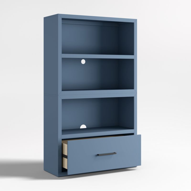 Ever Simple Modular Slate Blue Wood Kids Open Bookcase with Drawer