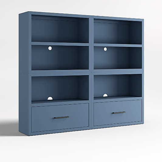 Ever Simple Set of 2 Modular Slate Blue Wood Kids Open Bookcases with Drawers