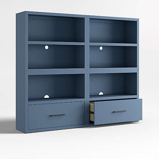 Ever Simple Set of 2 Modular Slate Blue Wood Kids Open Bookcases with Drawers