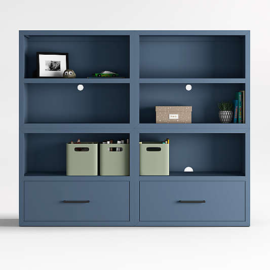 Ever Simple Set of 2 Modular Slate Blue Wood Kids Open Bookcases with Drawers