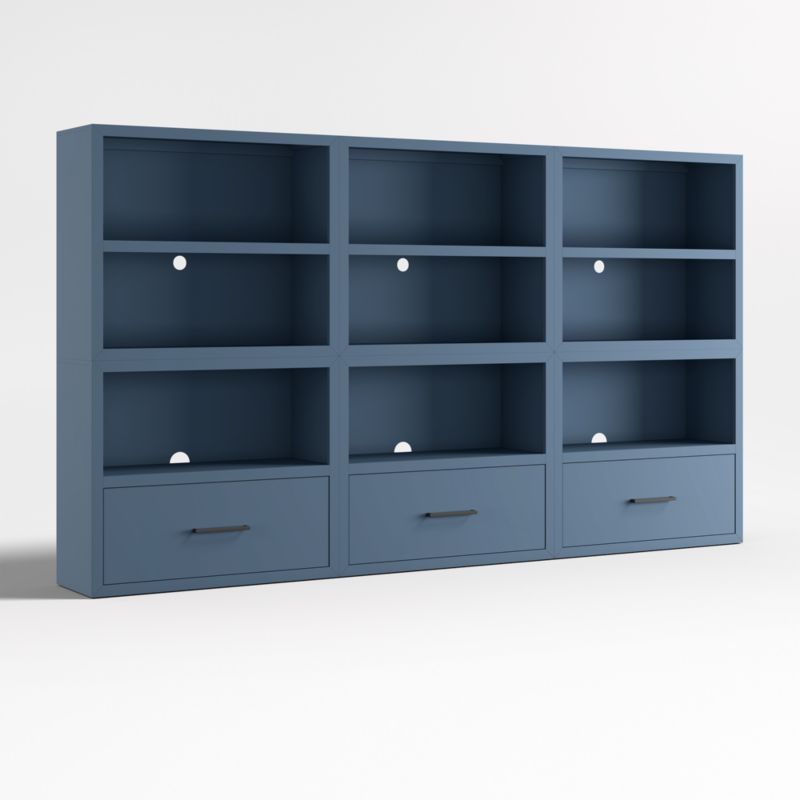 Ever Simple Set of Modular Slate Blue Wood Kids Open Bookcases with Drawers