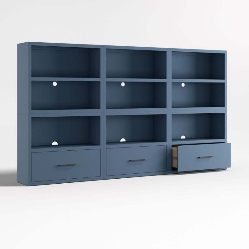 Ever Simple Set of Modular Slate Blue Wood Kids Open Bookcases with Drawers