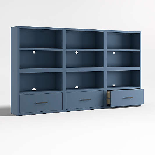 Ever Simple Set of 3 Modular Slate Blue Wood Kids Open Bookcases with Drawers