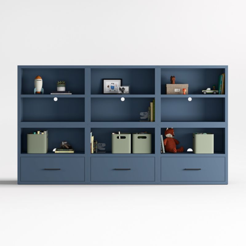 Ever Simple Set of Modular Slate Blue Wood Kids Open Bookcases with Drawers