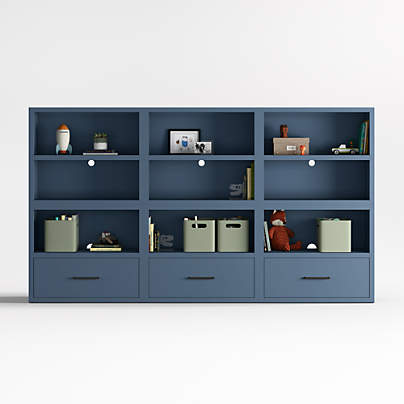 Ever Simple Set of 3 Modular Slate Blue Wood Kids Open Bookcases with Drawers