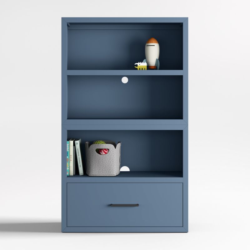 Ever Simple Modular Slate Blue Wood Kids Open Bookcase with Drawer