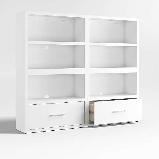 Ever Simple Set of 2 Modular White Wood Kids Open Bookcases with Drawers