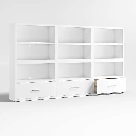 Ever Simple Set of 3 Modular White Wood Kids Open Bookcases with Drawers
