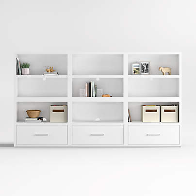 Ever Simple Set of 3 Modular White Wood Kids Open Bookcases with Drawers