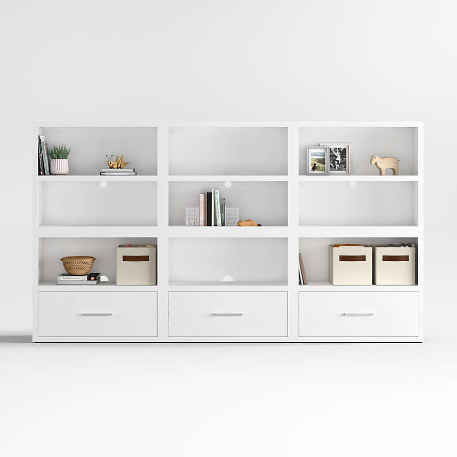 Ever Simple Set of 3 Modular White Wood Kids Open Bookcases with Drawers