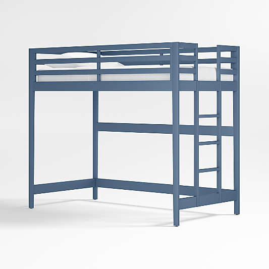 Ever Simple Slate Blue Wood Kids Loft Bed with Left Ladder