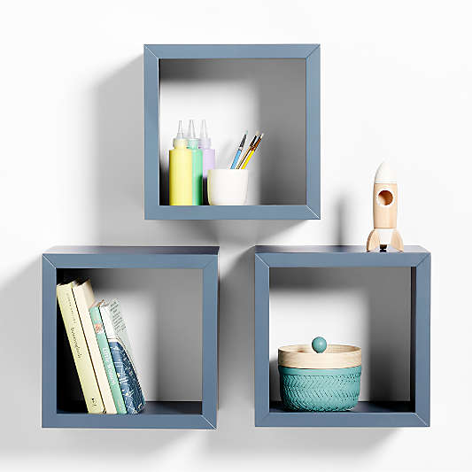 Ever Simple Slate Blue Wood Floating Cube Shelves, Set of 3