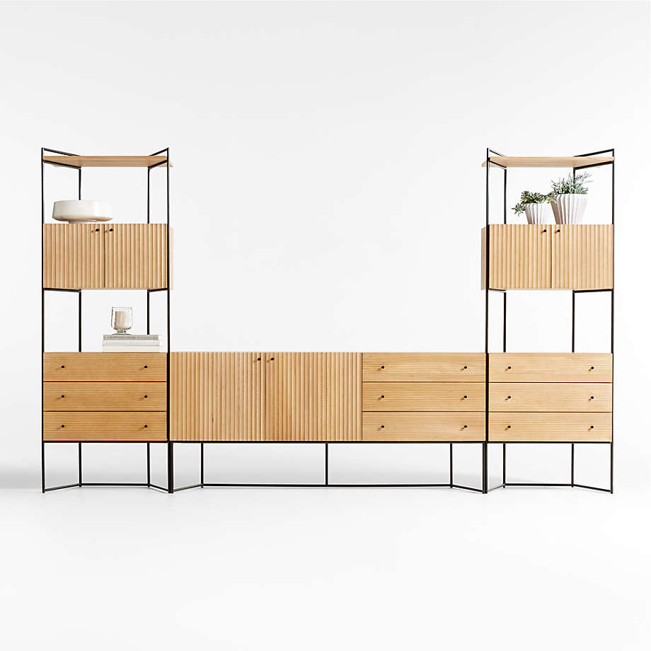 Evie 70" Natural Elm Wood and Black Iron Media Console with 2 Storage