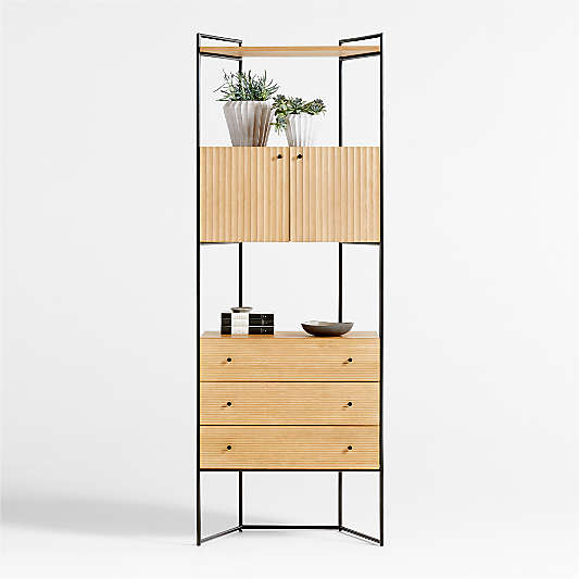 Evie 78" Tall Natural Elm Wood and Black Iron Storage Bookcase