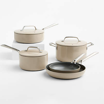Crate & Barrel EvenCook Ceramic ™ Taupe Nonstick 8-Piece Cookware Set with Bonus
