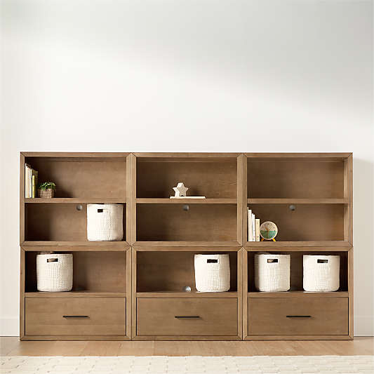 Ever Simple 108" Set of 3 Modular Natural Brown Wood Kids Open Bookcases with Drawers