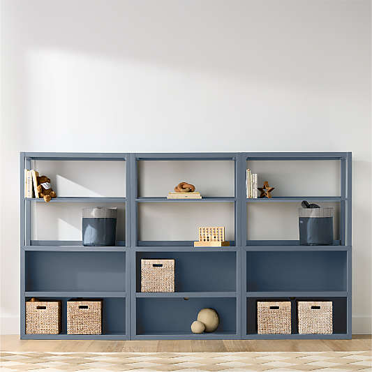 Ever Simple 108" Set of 3 Modular Slate Blue Wood Kids Open Bookcases with Hutches