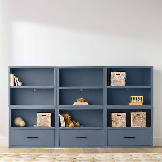Ever Simple 108" Set of 3 Modular Slate Blue Wood Kids Open Bookcases with Drawers