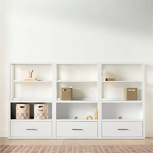 Ever Simple 108" Set of 3 Modular White Wood Kids Drawer Bookcases with Hutches