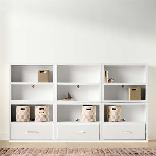 Ever Simple 108" Set of 3 Modular White Wood Kids Open Bookcases with Drawers