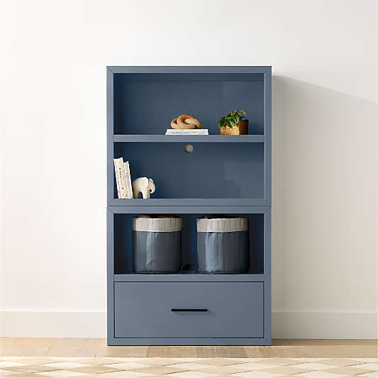 Ever Simple 36" Modular Slate Blue Wood Kids Open Bookcase with Drawer