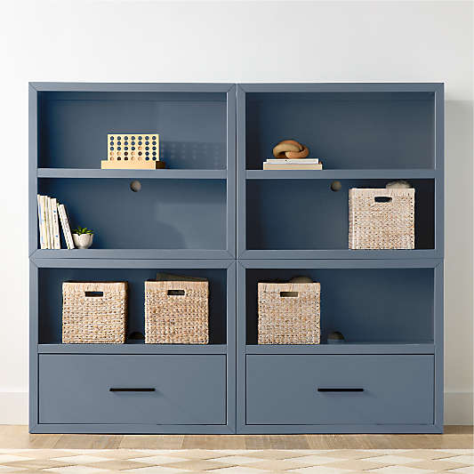 Ever Simple 72" Set of 2 Modular Slate Blue Wood Kids Open Bookcases with Drawers