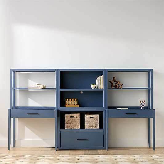 Ever Simple Set of 2 Modular Slate Blue Wood Kids Desks with Drawer Bookcase