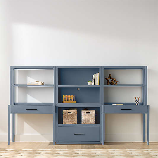 Ever Simple 108" Set of 2 Modular Slate Blue Wood Kids Desks with Drawer Bookcase