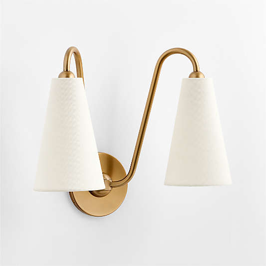 Everton Brass Double Wall Sconce Light with White Fabric Shades