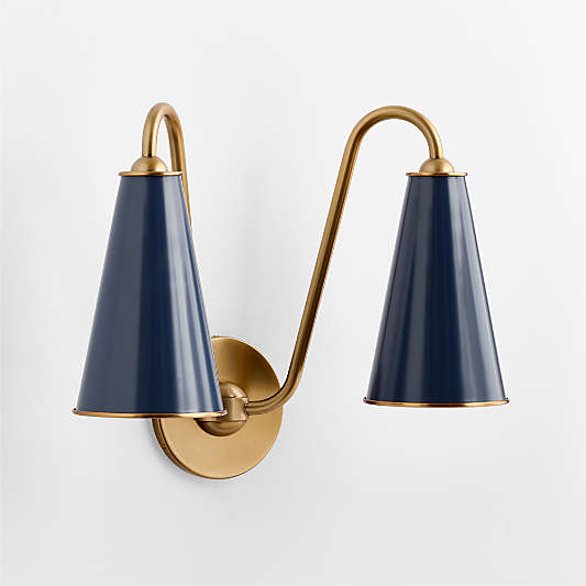 Everton Brass Double Wall Sconce Light with Navy Metal Shades