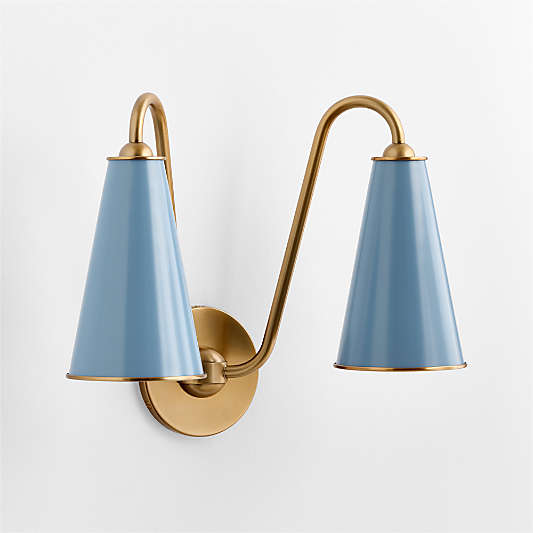 Everton Brass Double Wall Sconce Light with Light Blue Metal Shades