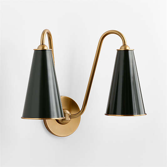 Everton Brass Double Wall Sconce Light with Green Metal Shades