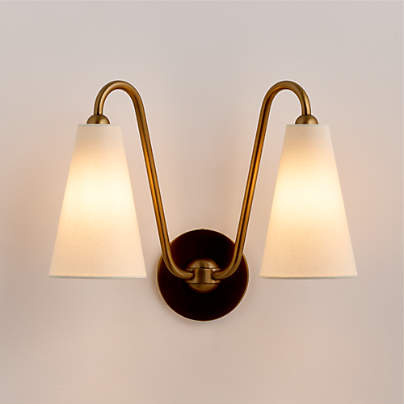 Everton Brass Double Wall Sconce Light with White Fabric Shades
