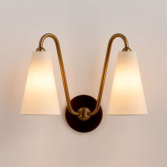 Everton Brass Double Wall Sconce Light with White Fabric Shades