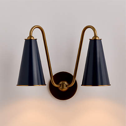 Everton Brass Double Wall Sconce Light with Navy Metal Shades