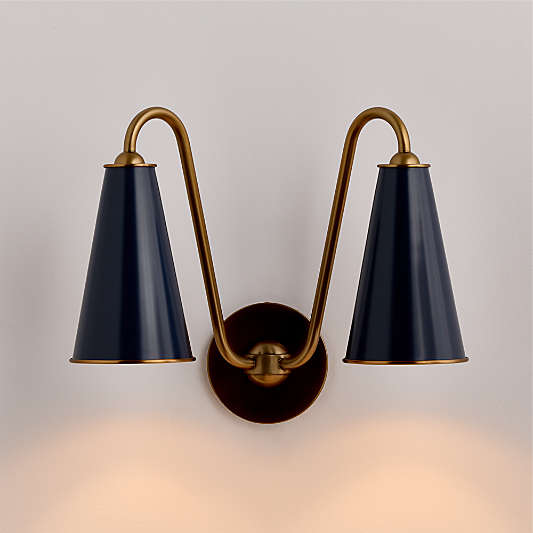 Everton Brass Double Wall Sconce Light with Navy Metal Shades