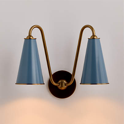 Everton Brass Double Wall Sconce Light with Light Blue Metal Shades