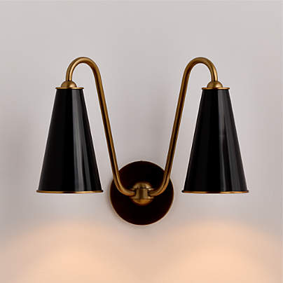 Everton Brass Double Wall Sconce Light with Black Metal Shades