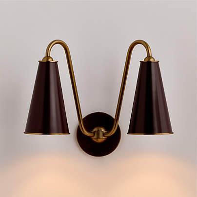 Everton Brass Double Wall Sconce Light with Aubergine Shades