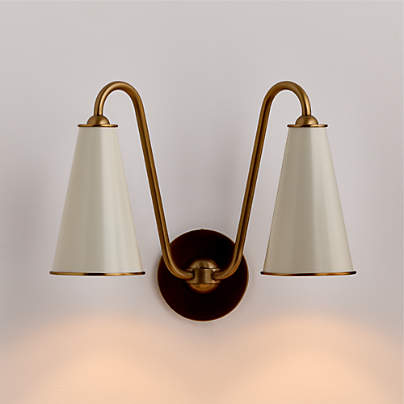 Everton Brass Double Wall Sconce Light with White Metal Shades