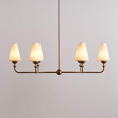 Everton Brass Linear Chandelier Light with White Linen Shades