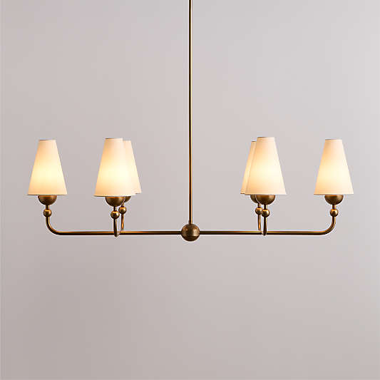 Everton Brass Linear Chandelier Light with White Linen Shades