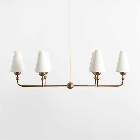 Everton Brass Linear Chandelier Light with White Linen Shades