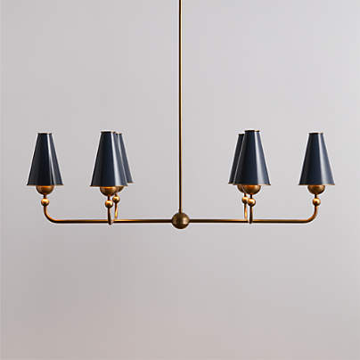 Everton Brass Linear Chandelier Light with Navy Metal Shades