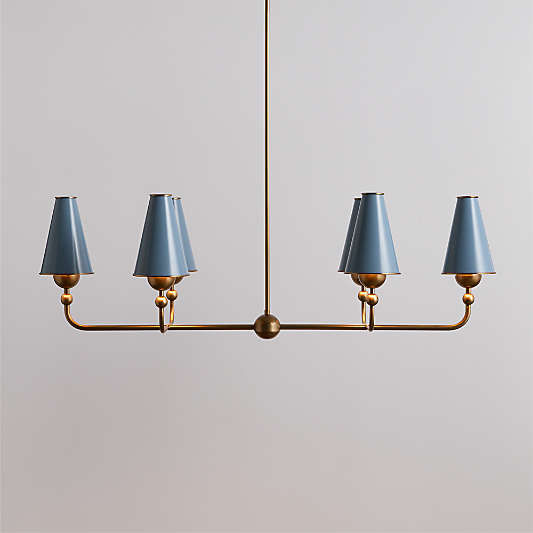 Everton Brass Linear Chandelier Light with Light Blue Metal Shades