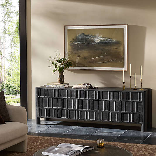 Ezri 82" Black Carved Oak Wood Storage Media Console